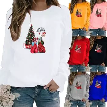 Зимние женские топы с принтом Санта-Клауса, женская Повседневная толстовка с круглым вырезом и длинными рукавами, блузка больших размеров XS белый