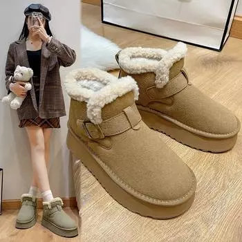 Зимние женские туфли Boken из натуральной кожи на платформе, модные ретро-ботинки из плюша, женские хлопковые туфли на плоской подошве, мокасины, ботильоны на толстой подошве 35 чёрный