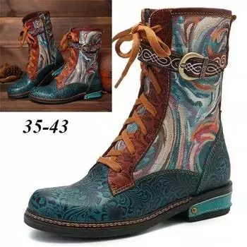 Зимние женские туфли на плоской подошве с вышивкой в этническом стиле, женские кожаные ботинки на шнуровке в стиле ретро, короткие сапоги на молнии 41 зелёный