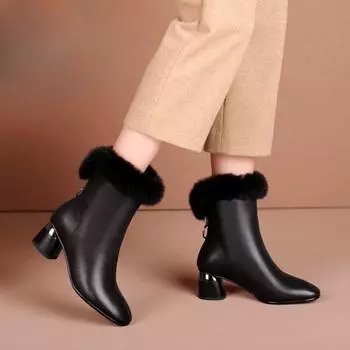 Зимние женские туфли на толстом каблуке, средний каблук, короткие сапоги, нескользящие женские сапоги 35 чёрный