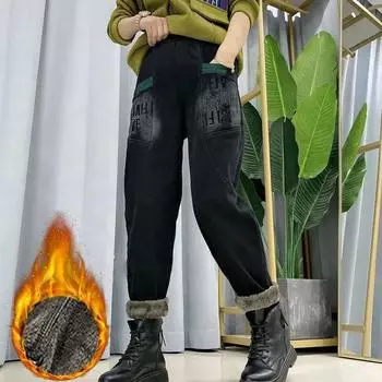 Зимние женские утепленные джинсы-шаровары с флисовой подкладкой, теплые мешковатые джинсовые брюки, уличные брюки с высокой талией из овечьего пуха XXL зелёный