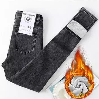 Зимние женские узкие джинсы-карандаш из овечьей шерсти, теплые леггинсы с высокой талией, повседневные флисовые брюки для мам из плотного денима, снежный бархат 25 чёрный