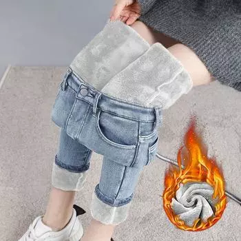 Зимние женские узкие теплые джинсы средней талии женские бархатные повседневные узкие брюки длиной до щиколотки женские брюки 32 чёрный