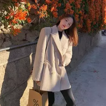 Зимние женские винтажные пиджаки в британском стиле, двубортные свободные женские повседневные куртки S бежевый