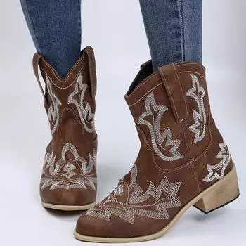Зимние женские вышитые рыцарские сапоги на среднем каблуке: Большие размеры, ретро, толстый каблук, короткие сапоги Cross-Border средней длины 38 темно-коричневого