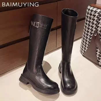 Зимние женские высокие сапоги из натуральной кожи на среднем каблуке, классическая обувь 2025 года, дизайнерские гладиаторы, высокие мотоциклетные ботинки до колена 35 чёрный