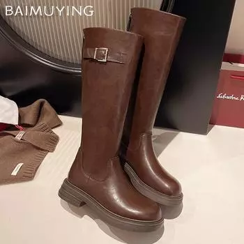 Зимние женские высокие сапоги из натуральной кожи на среднем каблуке, классическая обувь 2025 года, дизайнерские гладиаторы, высокие мотоциклетные ботинки до колена 35 коричневый