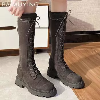 Зимние женские высокие сапоги из замши на среднем каблуке, модная обувь, на шнуровке, мотоциклетные сапоги, трендовые зимние сапоги до колена Botas De Mujer 35