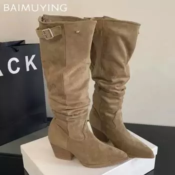 Зимние женские высокие сапоги из замши с острым носком, ретро-туфли на среднем каблуке, модные дизайнерские туфли-лодочки на молнии, гладиаторы, новые женские ботинки 35