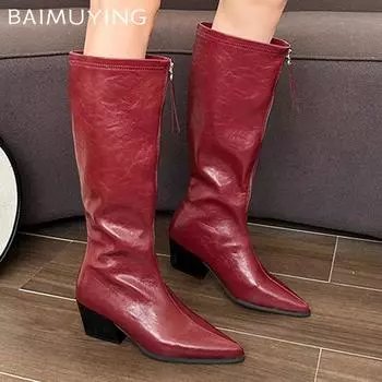 Зимние женские высокие сапоги с острым носком на среднем каблуке массивные туфли Зимние модные дизайнерские туфли Mew Brand 2025 на молнии готические туфли Botas Mujer 35