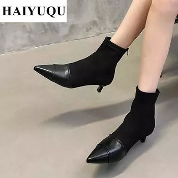 Зимние женские замшевые ботильоны с острым носком, туфли на шпильках, абсолютно новые сексуальные модные ботинки челси, туфли-лодочки на молнии, Botas Mujer 35