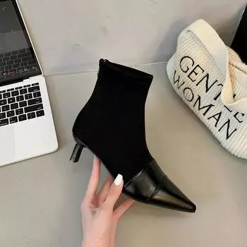 Зимние женские замшевые ботильоны с острым носком, туфли на шпильках, 2025 г., новые сексуальные модные ботинки челси, туфли-лодочки на молнии, Botas Mujer 35 чёрный