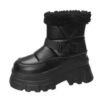 Зимние женские зимние ботинки 8 см, кроссовки из толстой кожи, водонепроницаемые, теплые, плюшевые, до середины голени, нескользящие, с меховой подкладкой внутри 35 чёрный