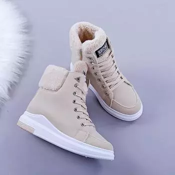Зимние женские зимние ботинки из хлопка с флокированной толстой подошвой, теплые студенческие ботинки Martins длиной до середины голени, короткие ботинки из натуральной кожи чистого цвета 35 бежевый