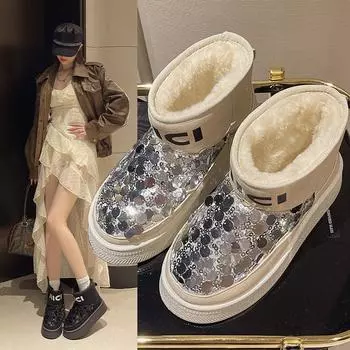 Зимние женские зимние ботинки на толстой подошве с блестками из ткани с шерстяной подкладкой, модные коричневые ботильоны, женские теплые ботинки на платформе 35 бежевый