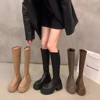 Зимние женские зимние ботинки однотонные с круглым носком для улицы 2024 года, горячая распродажа, повседневные удобные водонепроницаемые женские ботинки длиной до колена 35 чёрный