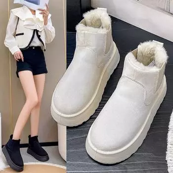 Зимние женские зимние ботинки, плюшевые теплые нескользящие непромокаемые женские кроссовки на плоской подошве, повседневные женские ботильоны без шнуровки 36 белый