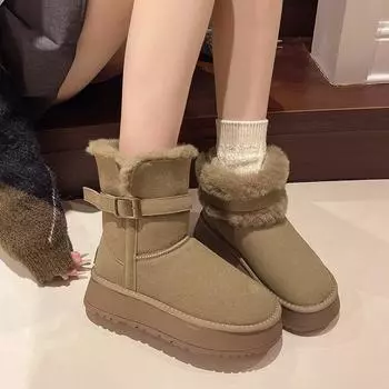 Зимние женские зимние ботинки с круглым носком, горячая распродажа 2024 года, женские теплые плюшевые ботинки на толстой подошве со средним каблуком, водонепроницаемые, повседневные теплые зимние ботинки 35 чёрный