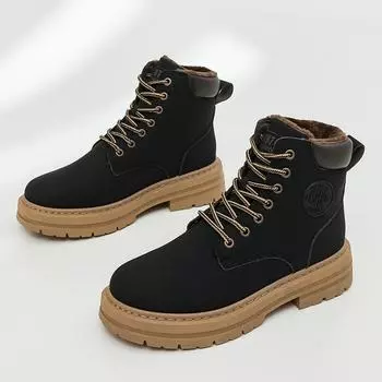 Зимние женские зимние ботинки. Удобные уличные противоскользящие ботильоны из искусственной кожи. Теплые ботинки на меховой подкладке. Туфли на плоской платформе со шнуровкой. 35