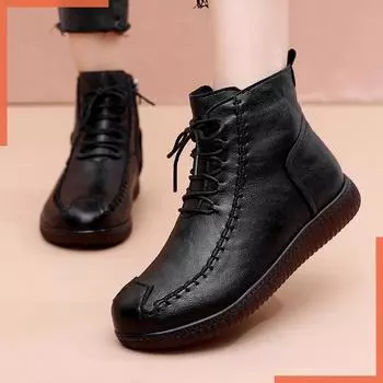 Зимние женские зимние ботинки женские из натуральной кожи теплые меховые мягкие плоские ботильоны для мам водонепроницаемые повседневные нескользящие ботинки 35 чёрный