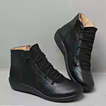 Зимние женские зимние кожаные ботильоны весенние туфли на плоской подошве короткие винтажные ботинки женские меховые ботинки на шнуровке 43 чёрный