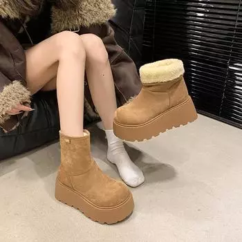 Зимние женские зимние сапоги из бархата с толстой подошвой и круглым носком 2024 года, новые утолщенные теплые ботинки из хлопка в стиле ретро, короткие сапоги-маффин 35 верблюд