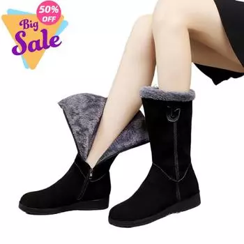 Зимние женские зимние сапоги, модная обувь для отдыха на открытом воздухе, нескользящая обувь, удобные повседневные толстые сапоги до середины голени, женские хлопковые сапоги на молнии 35 чёрный