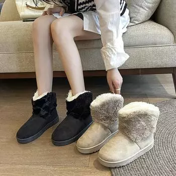 Зимние женские зимние сапоги. Новые плюшевые и теплые хлопковые ботинки на плоской подошве. 36 чёрный