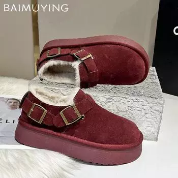 Зимние женские зимние сапоги Plarform из замши, короткие, плюшевые, дизайнерские туфли на плоской подошве из хлопка, тренд 2025 года, теплые, повседневные, удобные, женские ботинки 37 вино красного