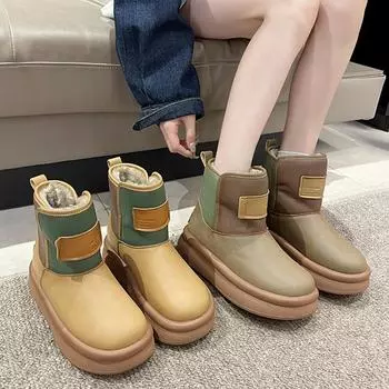 Зимние женские зимние сапоги с плюшевой стелькой, ручная работа, натуральная кожа, ботильоны челси, водонепроницаемые теплые меховые сапоги, мягкие толстые зимние сапоги 35 жёлтый