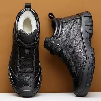 Зимние зимние ботинки для отдыха на природе Мягкие теплые мужские ботинки Кожаные мужские зимние ботинки Нескользящие ботинки на шнуровке Ботинки для отдыха на природе для мужчин Деловая обувь 6 чёрный