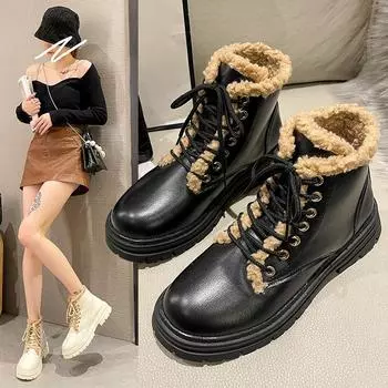 Зимние зимние ботинки для женщин, удобные уличные нескользящие ботильоны, замшевые теплые ботинки на меховой подкладке, туфли на плоской платформе со шнуровкой