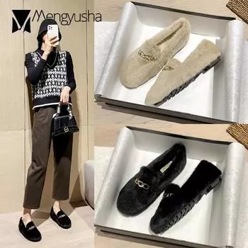 Зимние зимние ботинки из меха норки женские мокасины из хлопка с металлическими цепями женские удобные нескользящие туфли на плоской подошве меховые мокасины женские теплая обувь 5 чёрный