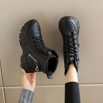 Зимние зимние ботинки, женская теплая хлопковая обувь, уличная походная обувь, плюшевые теплые высокие ботильоны, женские кроссовки 35 чёрный