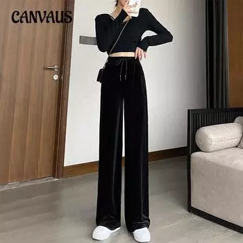 Зимние золотые бархатные широкие женские брюки прямые высококачественные бархатные брюки M чёрный