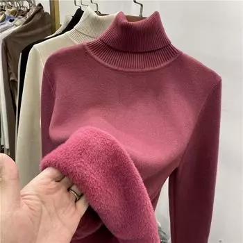 Зимний элегантный теплый свитер с высоким воротником, женский модный утепленный вязаный пуловер на бархатной подкладке, тонкие топы, повседневный трикотаж 29260 One Size чёрный