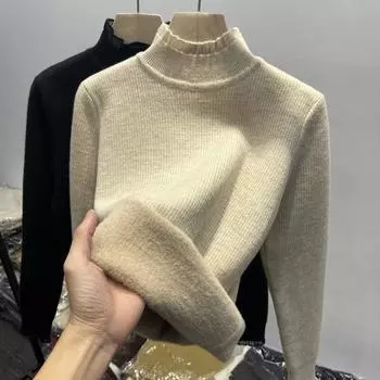 Зимний элегантный утепленный теплый свитер с полувысоким воротником, женский осенний модный милый бархатный вязаный свободный пуловер с кружевной кромкой 29261 One Size чёрный