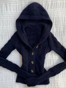 Зимний американский вязаный кардиган с капюшоном, эстетичный дизайн, темно-синий, повседневный, облегающий свитер, куртка, модная теплая женская одежда S темно-синий