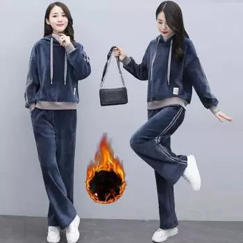 Зимний бархатный комплект из 2 предметов с капюшоном, плюшевой подкладкой, лоскутный воротник, топы, ансамбль, толстые мешковатые широкие брюки, корейский теплый наряд 4XL чёрный