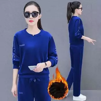 Зимний бархатный комплект из двух предметов с круглым вырезом и плюшевой подкладкой, свободный наряд, прямые мешковатые брюки, толстый теплый повседневный костюм S красный