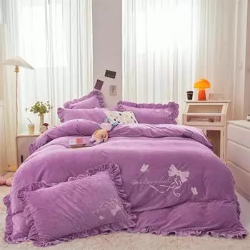 Зимний бархатный пододеяльник с бантом и бантом, комплект постельного белья 220x240 King Queen, 4 шт., плоская простыня, мягкие, теплые, 2 подушки, шамс 1.8x2m-71x79inch bed розовый