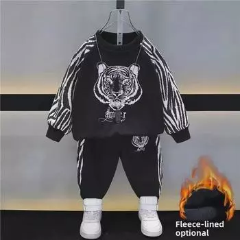 Зимний бархатный спортивный костюм для мальчиков 2023 г.: Стильный комплект из толстовки с круглым вырезом и спортивных штанов для детей 90 cm чёрный