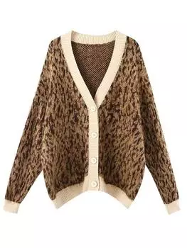 Зимний бежевый женский кардиган с леопардовым принтом на пуговицах, куртка оверсайз, свободный зеленый толстый теплый вязаный кардиган для женщин C-047 One Size чёрный