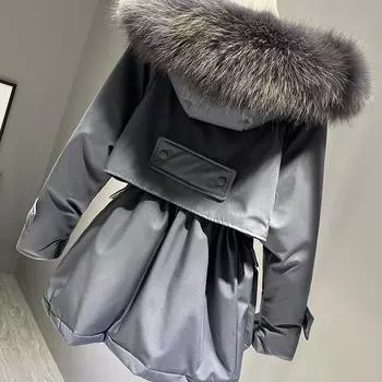Зимний большой пуховик из натурального меха, женский пуховик с капюшоном и поясом, парка с завязками, женское теплое зимнее пальто XXL чёрный