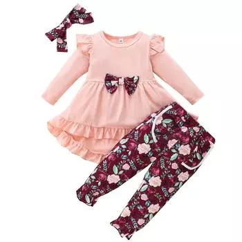 Зимний детский и девчачий комплект с юбкой-ласточкой и принтом в виде листьев, комплект из трех предметов 100 розовый