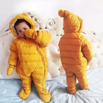 Зимний детский комбинезон с капюшоном, цельный комбинезон на молнии с помпоном, перчатки и чехлы для ножек для девочек и мальчиков S абрикосовый