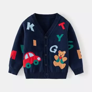 Зимний детский свитер для девочек и мальчиков с рисунком машинки и медведя, вязаное пальто с длинным рукавом и V-образным вырезом, детский свитер, кардиган, модное пальто 90 тёмно-синий