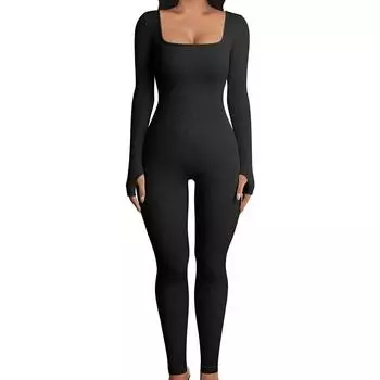 Зимний длинный цельный костюм для йоги для женщин, быстросохнущий, для бега, фитнеса, цельные штаны для йоги с длинным рукавом S чёрный