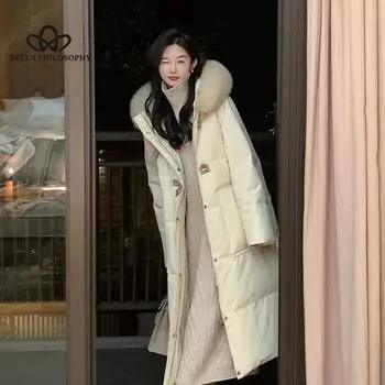 Зимний длинный толстый женский пуховик с цепочкой с капюшоном и широкими манжетами, модное пальто, женская одежда S