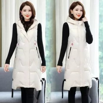 Зимний длинный выше колена утолщенный женский хлопковый жилет корейская версия свободного покроя 2024 новый хлопковый жилет женский зимний жилет куртка M recommends 80-47.5kg чёрный